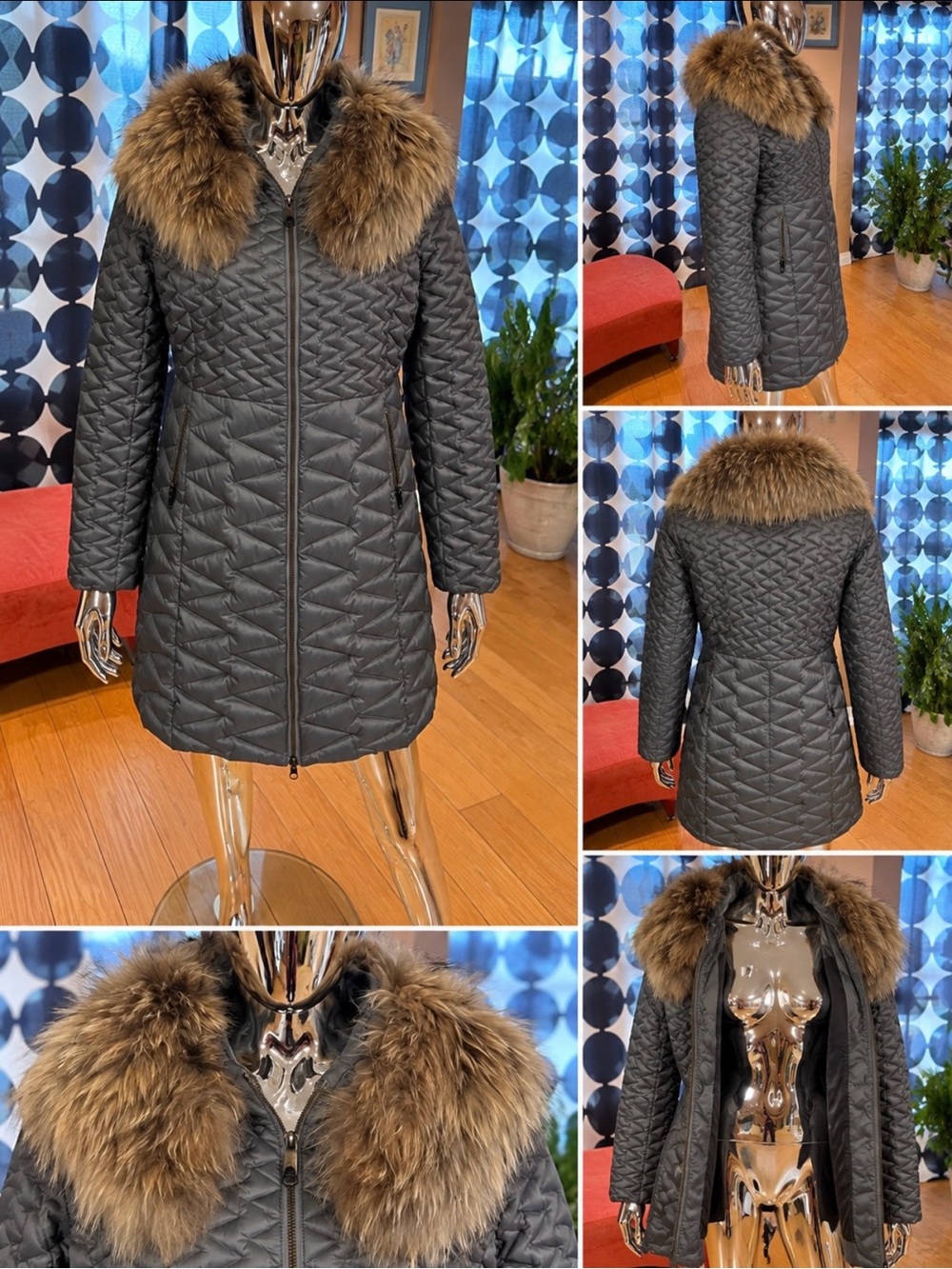 Silolona Down Puffer Coat XL Detachable Real Raccoon Fur Collar